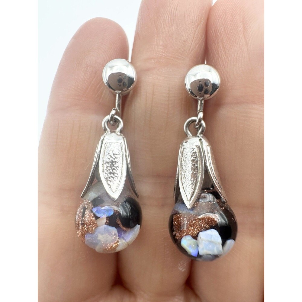 Vintage Sterling Silver Opalite Floating Opal Dangle Screw Back Earrings